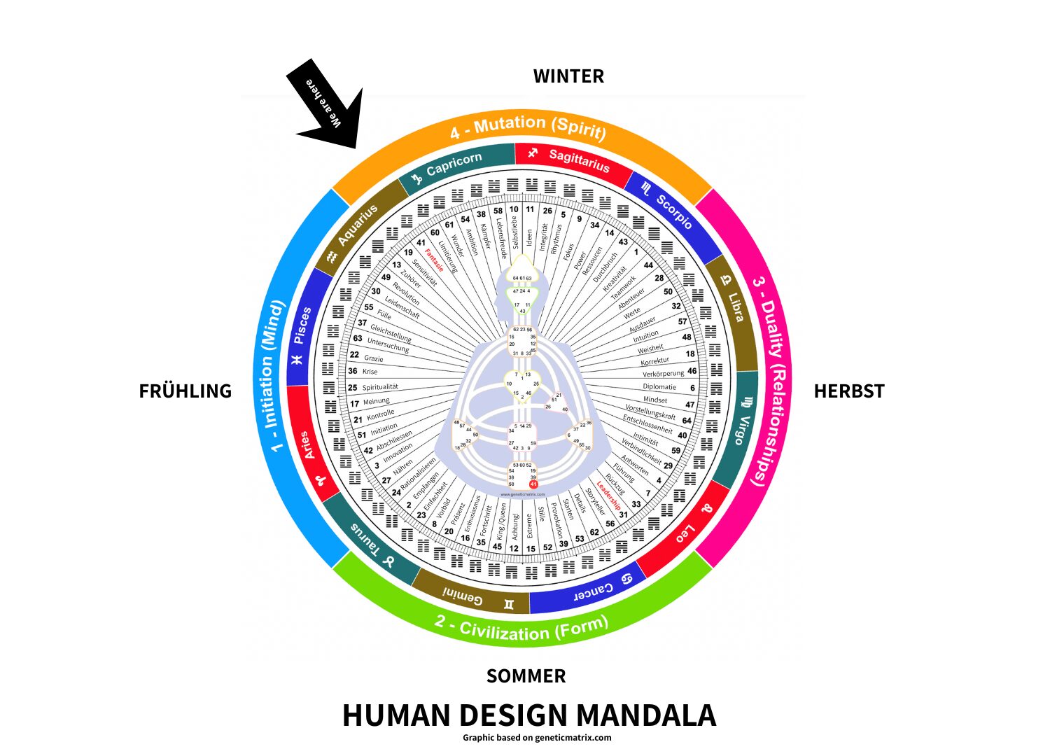 Human Design Mandala mit Gate 41 Fantasie im Jahreszyklus und den vier Transformationsphasen