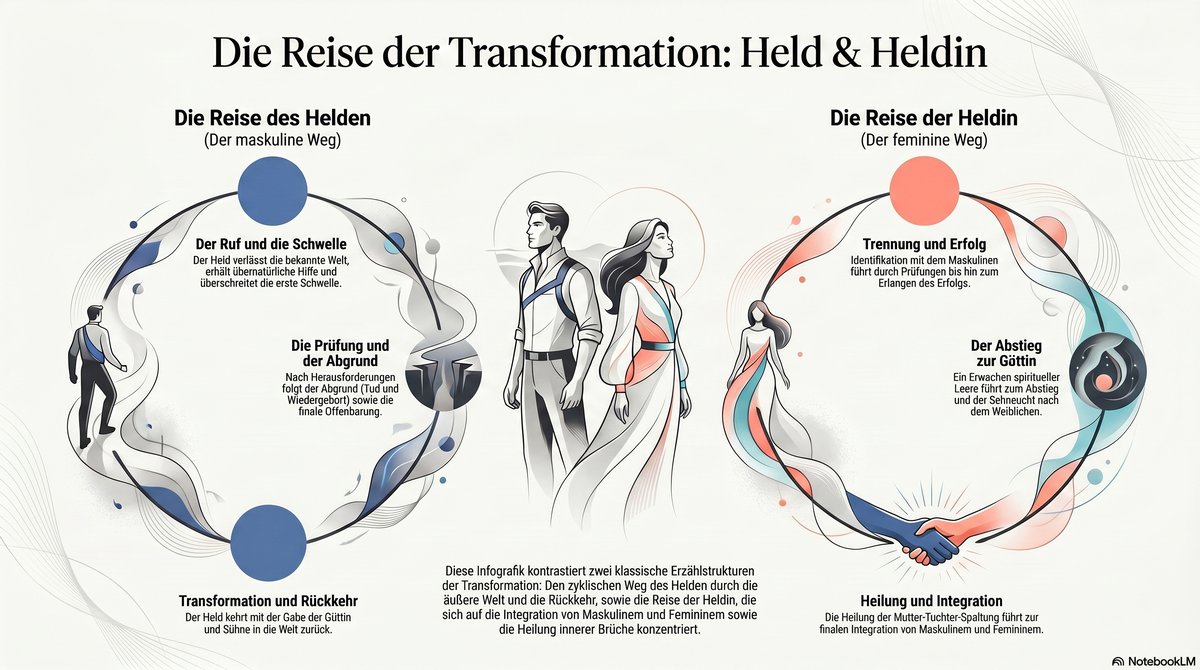 Infografik: Heldenreise (maskuliner Weg) und Heldinnenreise (femininer Weg) im direkten Vergleich<br />
